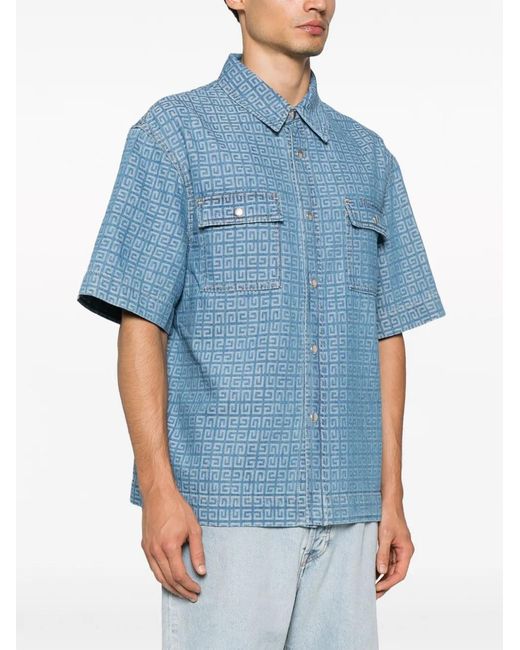 Givenchy Blue 4G-Jacquard Short-Sleeve Denim Shirt for men