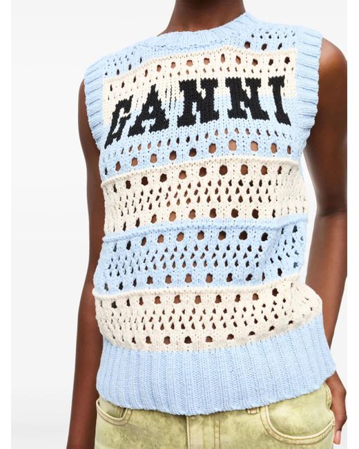 Ganni Logo Cotton Blend Vest in Blue | Lyst