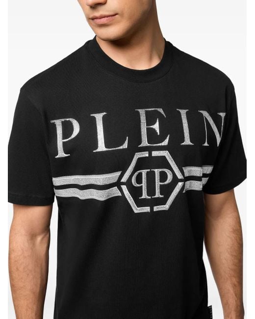 Philipp Plein Black Round Neck T-Shirt Full Of Stones Stripes for men