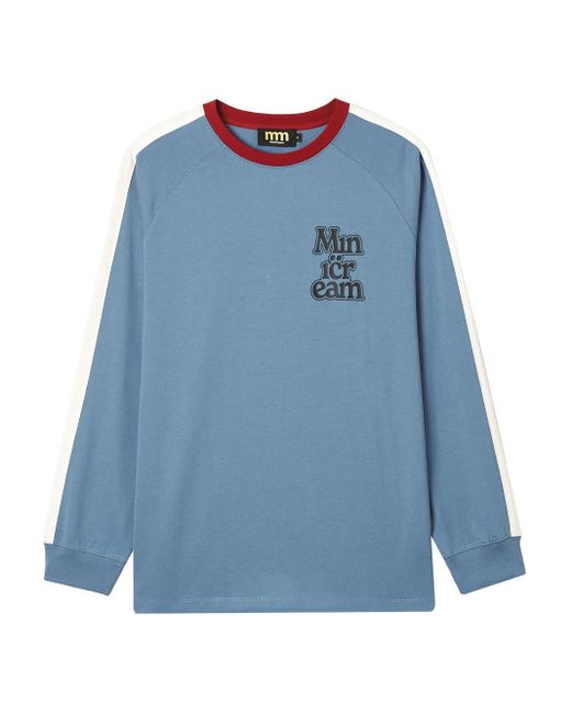 Mini Cream Blue Raglan-Sleeve Logo-Lettering T-Shirt