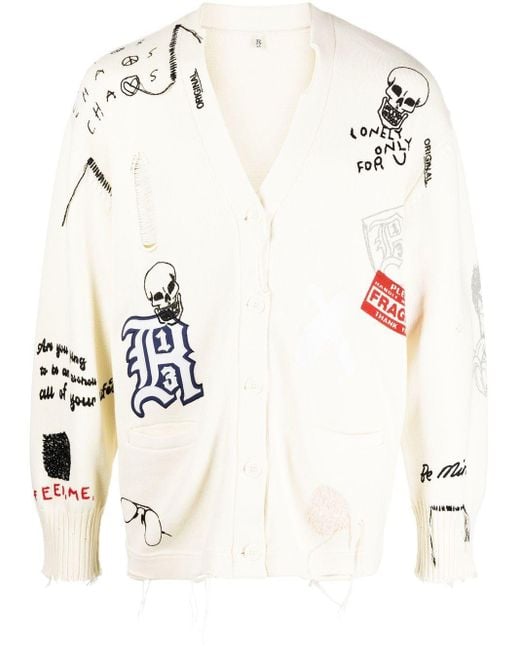 R13 Cotton Distressed Graffiti Cardigan in White for Men | Lyst