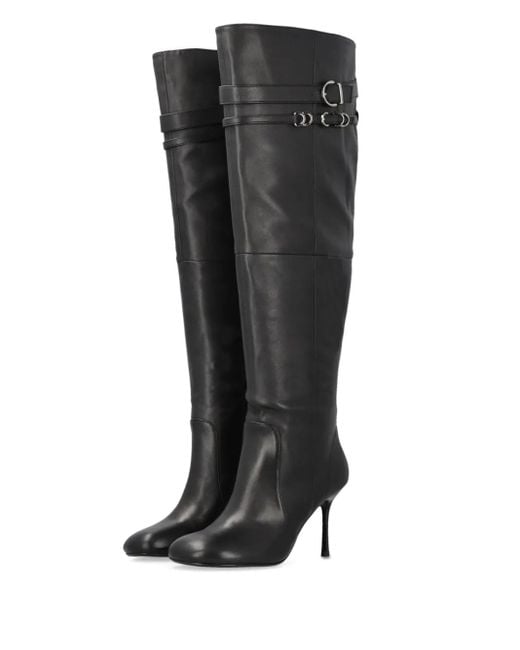 Pinko Black Pointed Toe Knee-High Boots With Decorative Straps