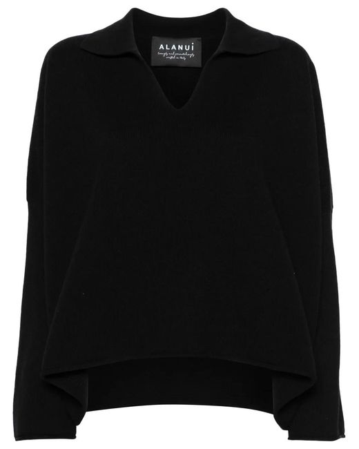 Alanui Black Finest Ribbed Polo Top