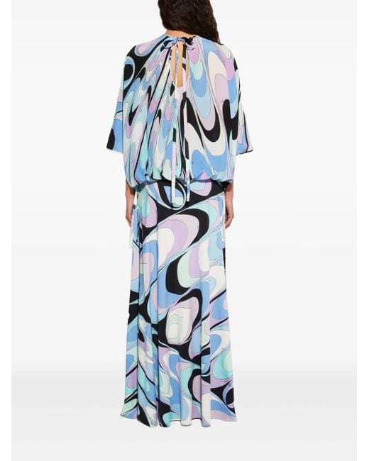 Emilio Pucci Blue Onde-Print Silk Top Blouse