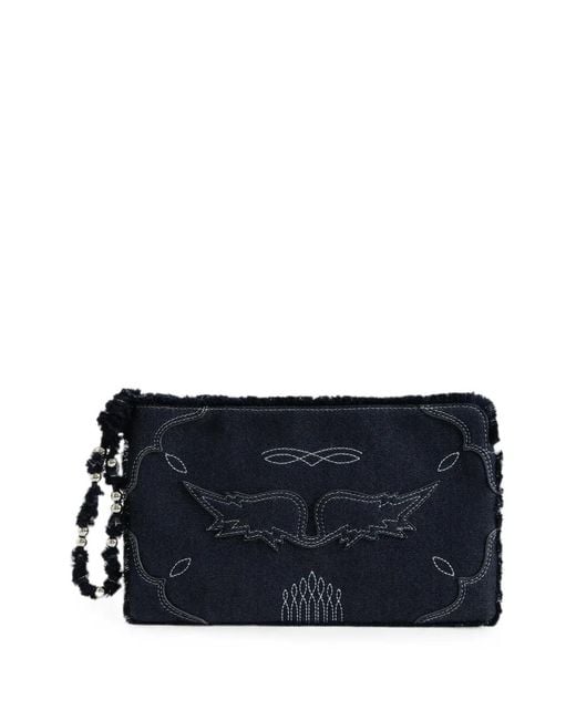 Zadig & Voltaire Blue Pochette De Voyage Effilochée Brodée