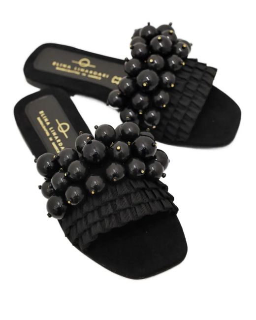 Elina Linardaki Black Beaded Ruffled-Detail Sandals
