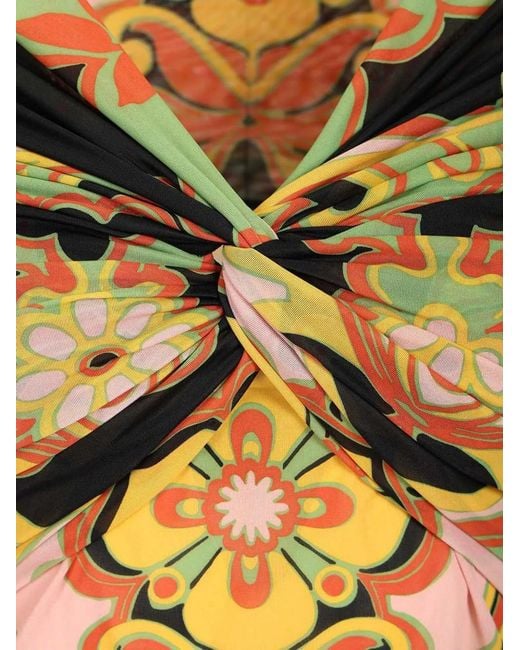 Etro Yellow Multicoloured Stretch Fabric Top With Bardot Neckline And All-Over Patterned Print