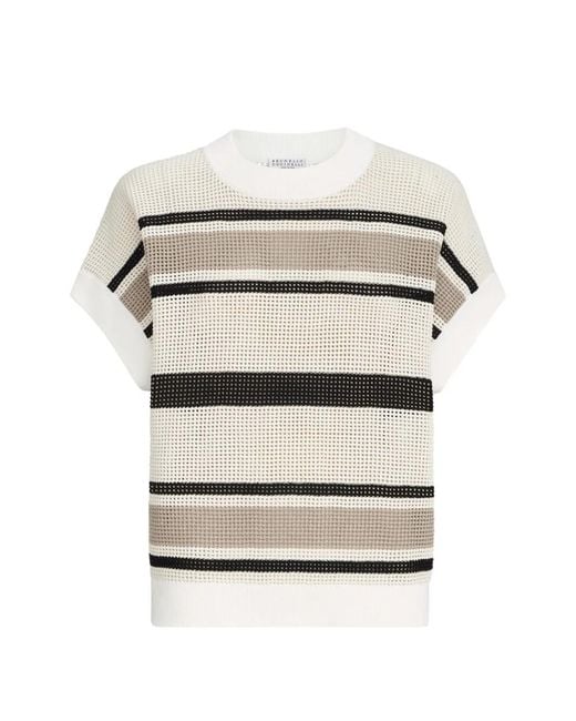 Brunello Cucinelli White Striped Cotton Net Knit T-Shirt