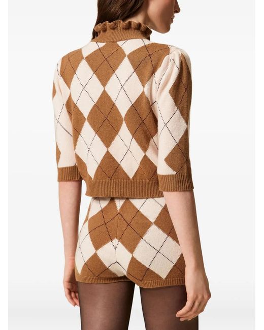 Twinset Natural Diamond-Pattern Ruffled-Neck Sweater