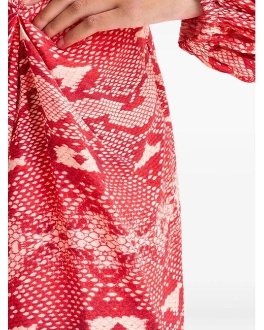 Essentiel Antwerp Red Snake-Print Draped Asymmetric Dress
