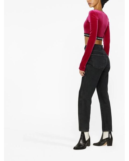 Versace Jeans Couture Red Logo-Waistband Cropped Velvet Top