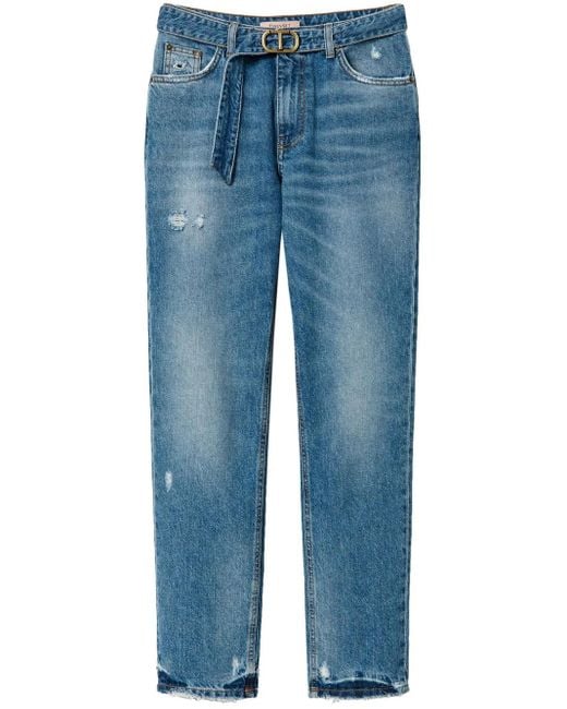 Twinset Blue Belted Distressed Straight-Leg Denim Jeans