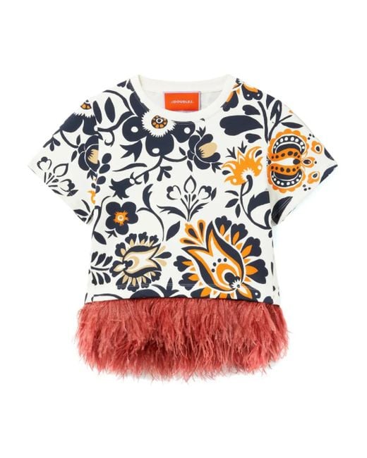 LaDoubleJ Red La Scala Feather-Trimmed Floral-Print T-Shirt
