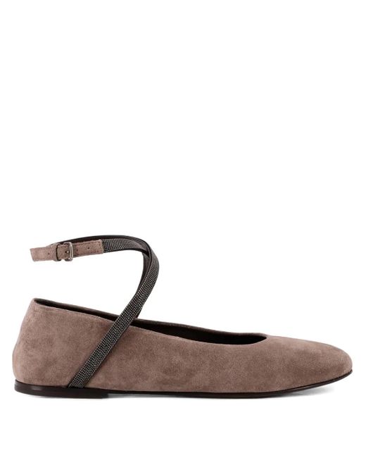 Brunello Cucinelli White Flache Wildleder-Pumps mit überkreuzten Riemen