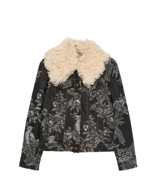 Etro Black Floral-Print Shearling-Collar Jacket