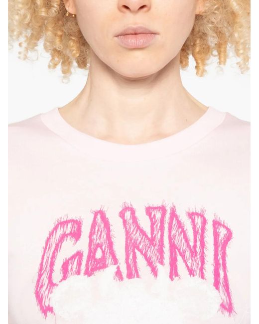 Ganni Pink Graphic-Print Jersey T-Shirt