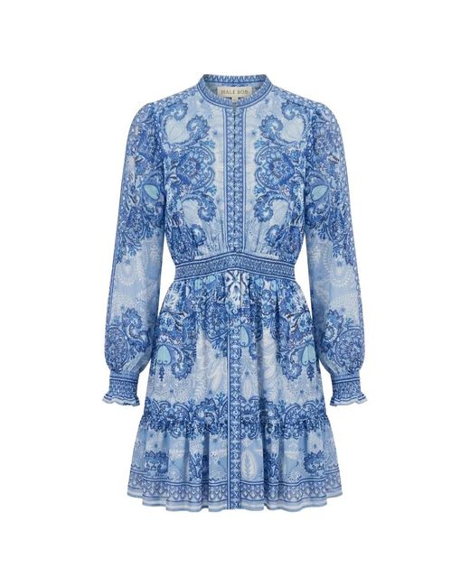 Hale Bob Blue Eleanora Paisley-Print Smocked Mini Dress