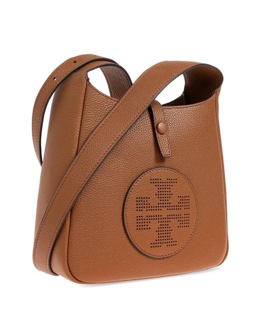 Tory Burch Brown Perforated-Logo Leather Cross Body Bag