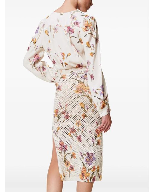 Twinset Natural Floral-Print Midi Skirt