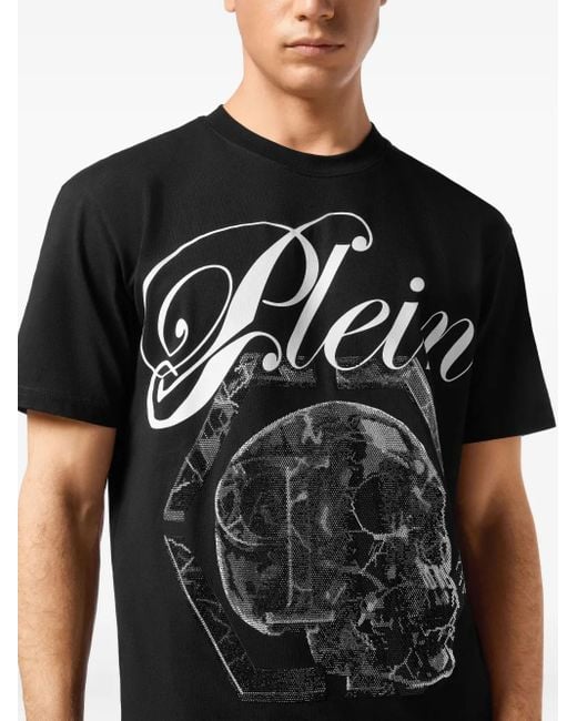 Philipp Plein Black Round Neck T-Shirt Marble Skull for men