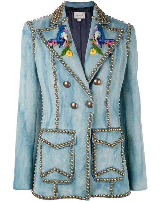 Gucci Blue Embroidered Studded Denim Blazer