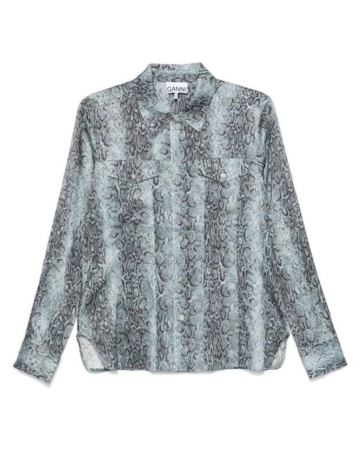 Ganni Blue Multicolored Shirt With Chest Pockets