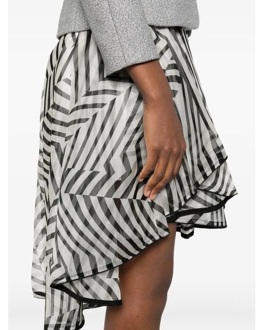 Gemy Maalouf Gray Stripe-Pattern Ruffle-Details Midi Skirt