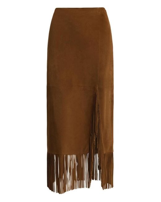 Polo Ralph Lauren Brown Suede Fringed Midi Skirt