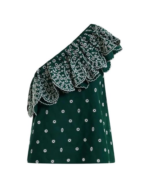 Essentiel Antwerp Green Embroidered Ruffled Blouse