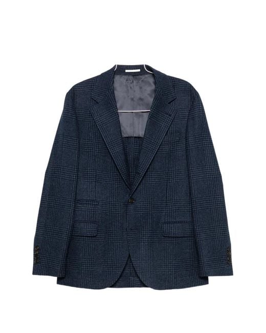 Brunello Cucinelli Blue Check-Pattern Single-Breasted Blazer for men