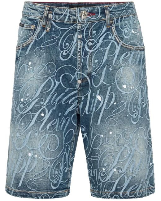 Philipp Plein Blue Logo-Embroidered Denim Shorts for men