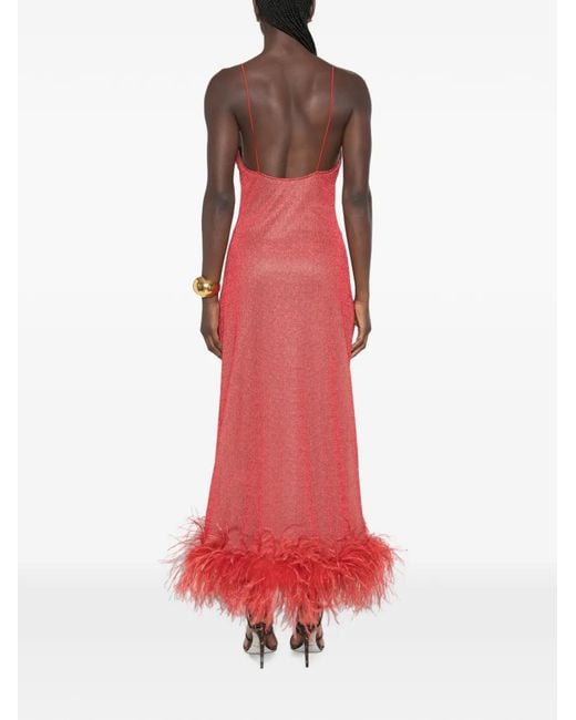 Oseree Red Lumière Plumage Feather-Trim Maxi Dress