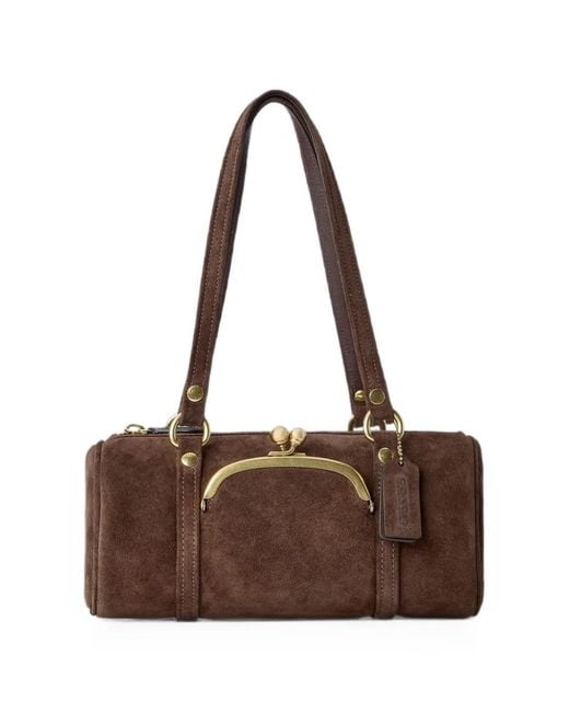 COACH Brown Kisslock 28 Barrel-Shaped Clasp-Fastening Shoulder Bag