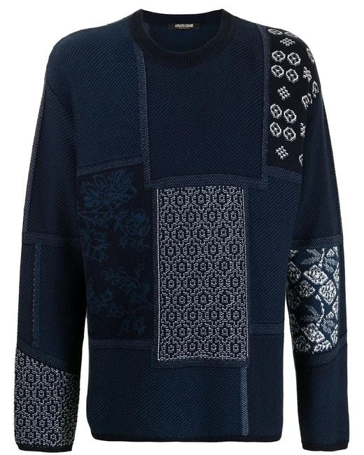 Roberto Cavalli Blue Patchwork-Effect Sweatshirt for men