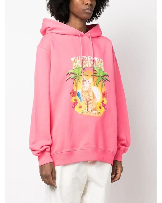 MSGM Pink Graphic-Print Cotton Hoodie