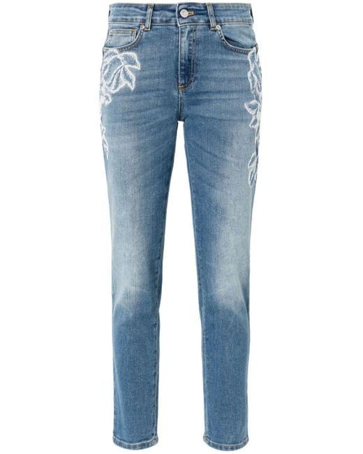 ERMANNO FIRENZE Blue Floral-embroidery Skinny Jeans