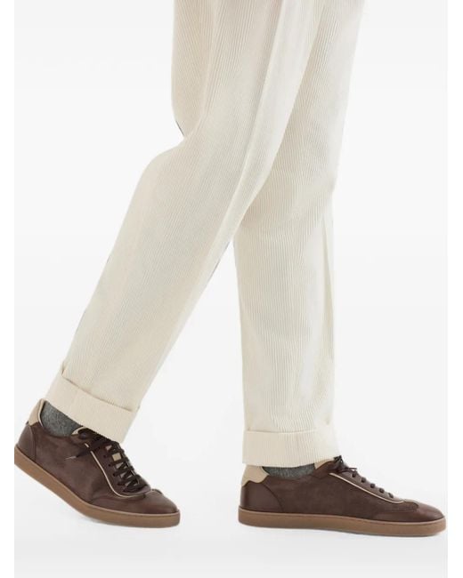 Brunello Cucinelli Brown Suede And Polished Calfskin Sneakers for men