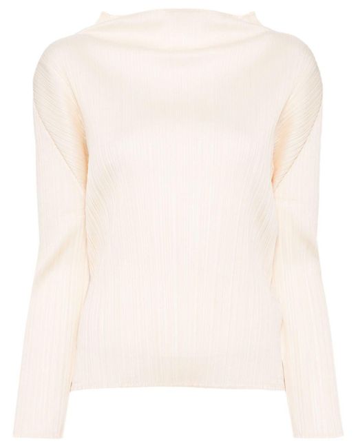 Pleats Please Issey Miyake Natural Mock-neck Pleated Blouse