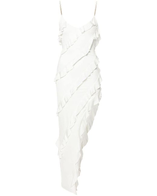 Nissa White Asymmetric-design Ruffled Dress