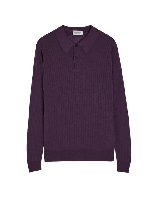 John Smedley Purple Hodson Ribbed-Knit Polo Shirt for men