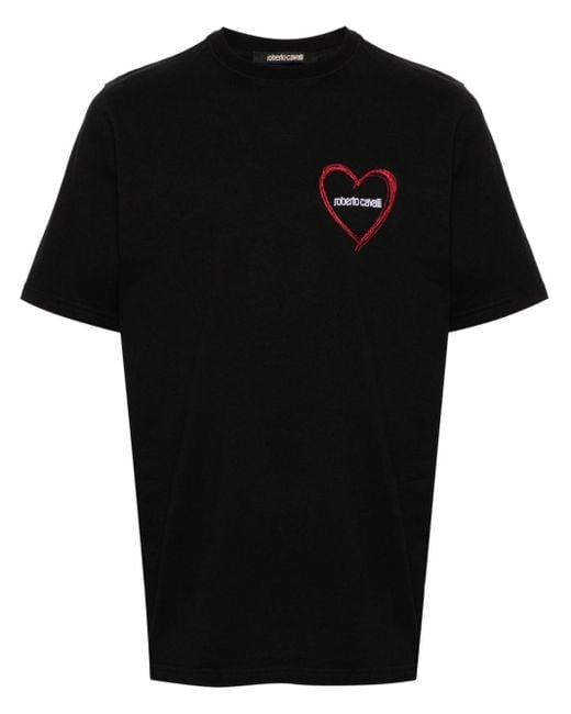 Roberto Cavalli T-shirt Met Geborduurd Hart in het Black voor heren