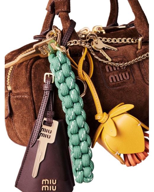 Miu Miu Logo-Lettering Leather Bag Charm in Metallic | Lyst