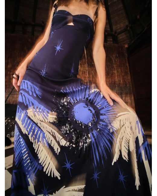 Johanna Ortiz Blue Dancing With The Shadows Tie-Strap Printed Dress