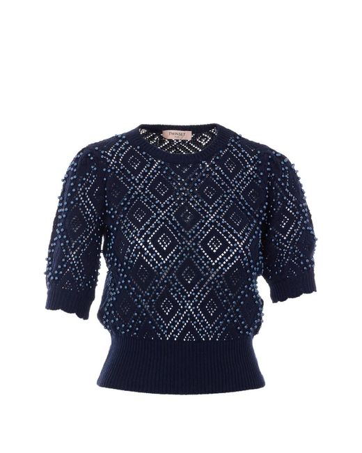 Twinset Blue Pearl-Embellished Knitted T-Shirt