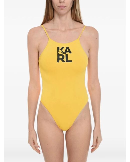 Karl Lagerfeld Yellow Logo-Print Spaghetti-Strap Swimsuit