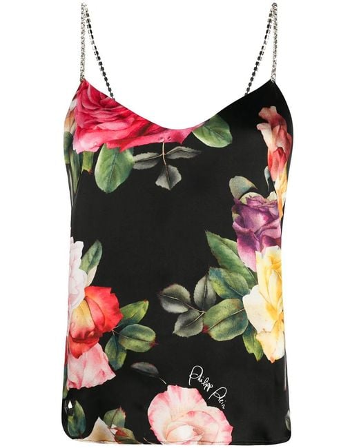 Philipp Plein Red Holiday Flowers Print Silk Vest Top