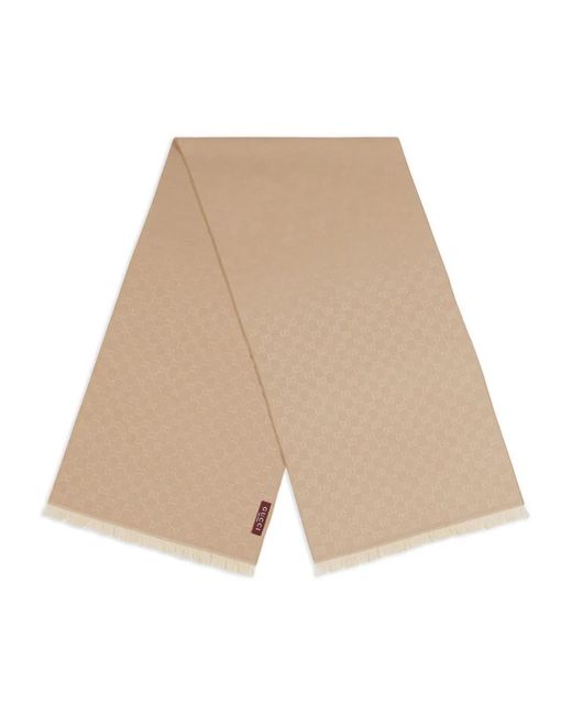 Gucci Natural Gg Jacquard Wool Scarf With Fringed Trim