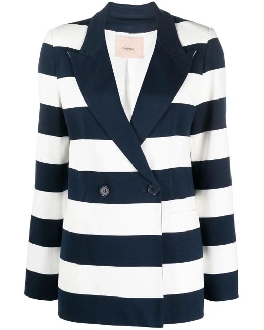 Twinset Blue Stripe-Print Double-Breasted Blazer