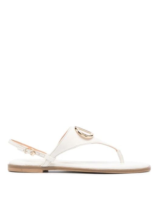 Twinset White Logo-Plaque Thong-Strap Leather Sandals