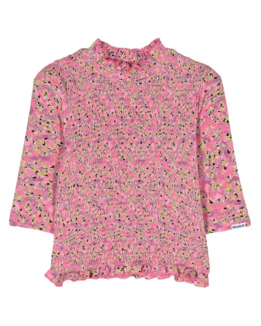 HUGO Pink Floral-print Shirred T-shirt